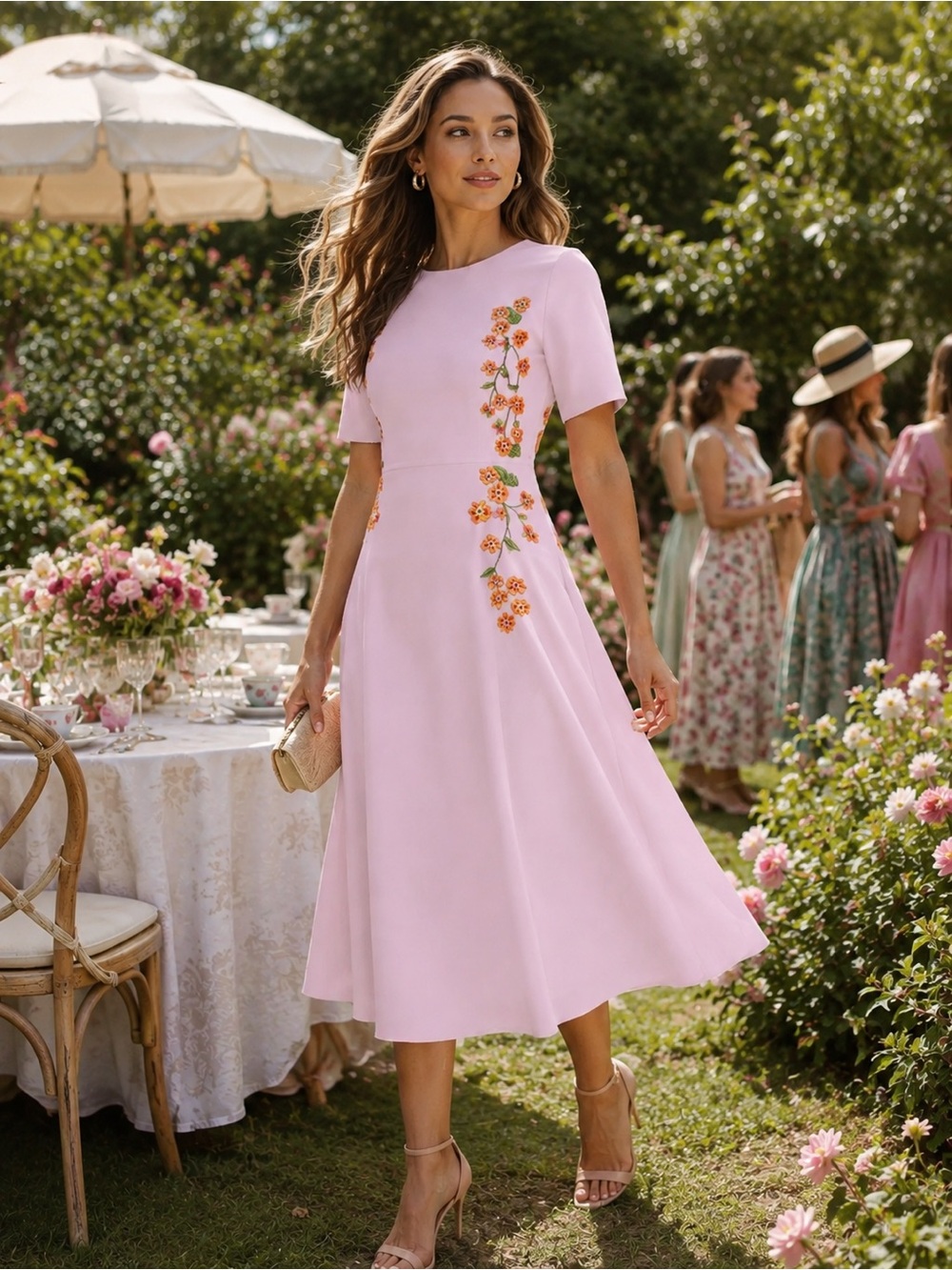 NWT Fanm Mon Amaka Dress Pink Midi Cotton Floral Embroidery Size Medium